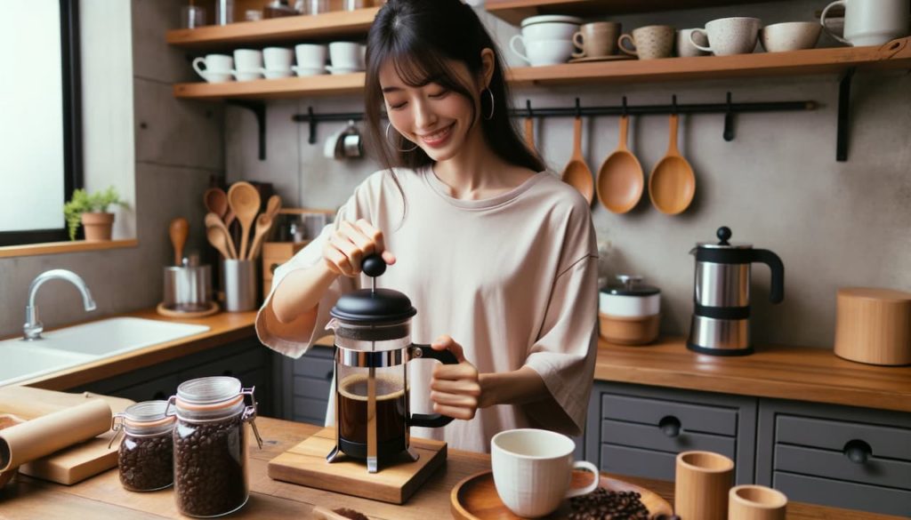コーヒーを入れている日本人女性