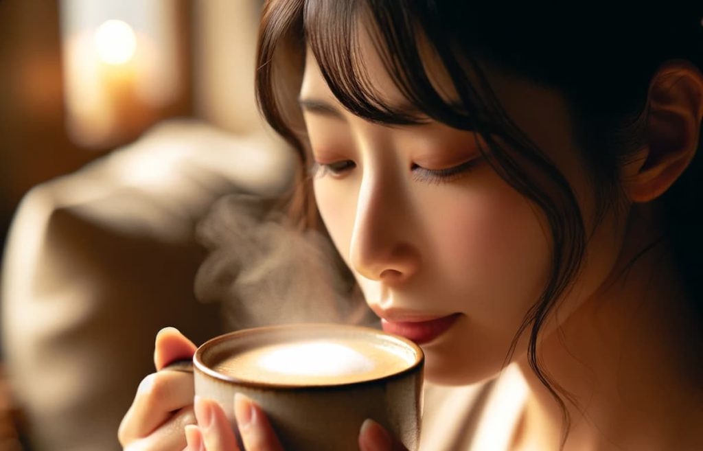 Japanese-woman-drinking-warm-coffee-appearing-slightly-too-hot-in-a-cozy-setting.-She-is-gently-blowing-on-the-coffee-to-cool-it-down.-